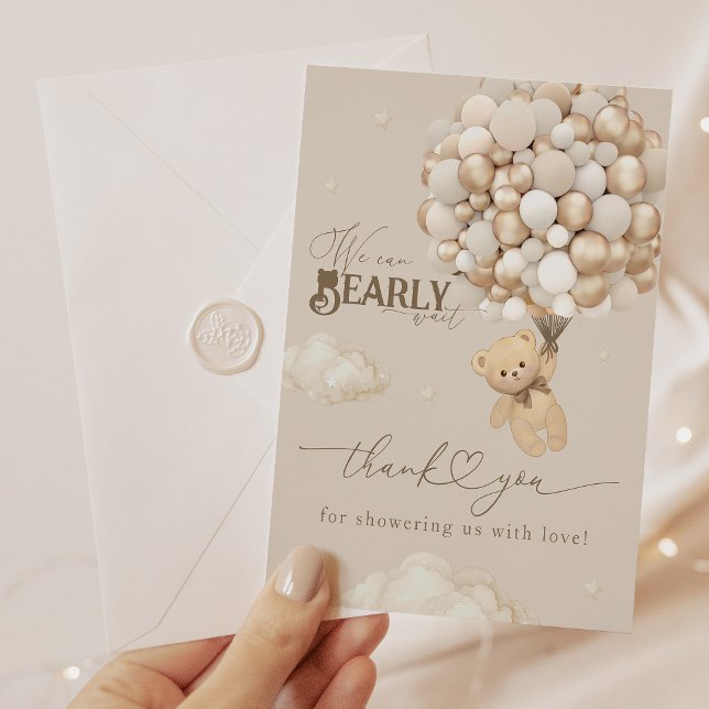 Carte De Remerciements Ours en peluche avec ballons Baby shower neutre (Créateur téléchargé)