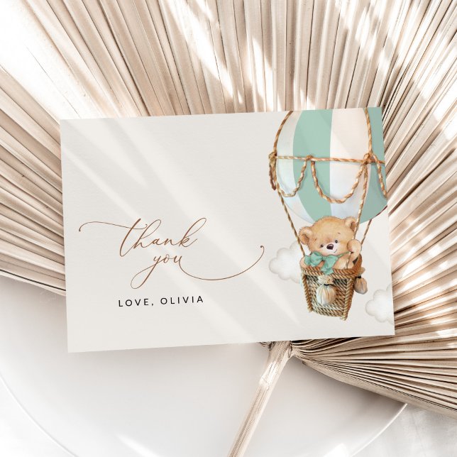 Carte De Remerciements Ours en peluche, Ballon à air chaud vert, Baby sho (Créateur téléchargé)