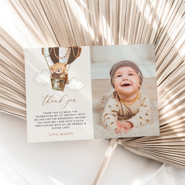 Carte De Remerciements Ours en peluche, ballon Brown à air chaud, premier (Créateur téléchargé)