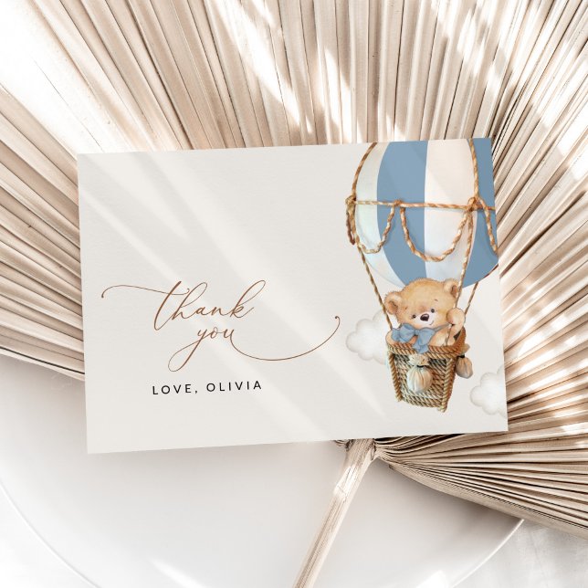 Carte De Remerciements Ours en peluche, Bleu à air chaud, Baby shower (Créateur téléchargé)