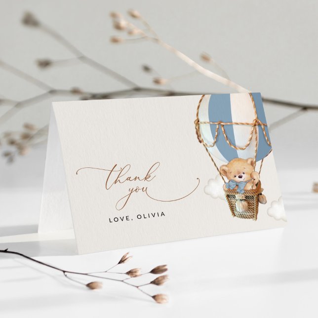 Carte De Remerciements Ours en peluche, Bleu à air chaud, Baby shower (Créateur téléchargé)