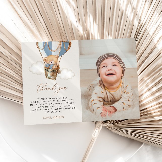 Carte De Remerciements Ours en peluche, Bleu à air chaud, premier anniver (Créateur téléchargé)