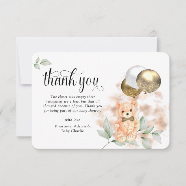 Carte De Remerciements Ours en peluche mignon et ballons Baby shower neut (Devant)