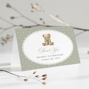 Carte De Remerciements Ours en peluche, nœud, pois verts, premier anniver