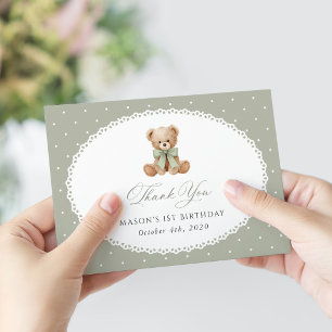 Carte De Remerciements Ours en peluche, nœud, pois verts, premier anniver