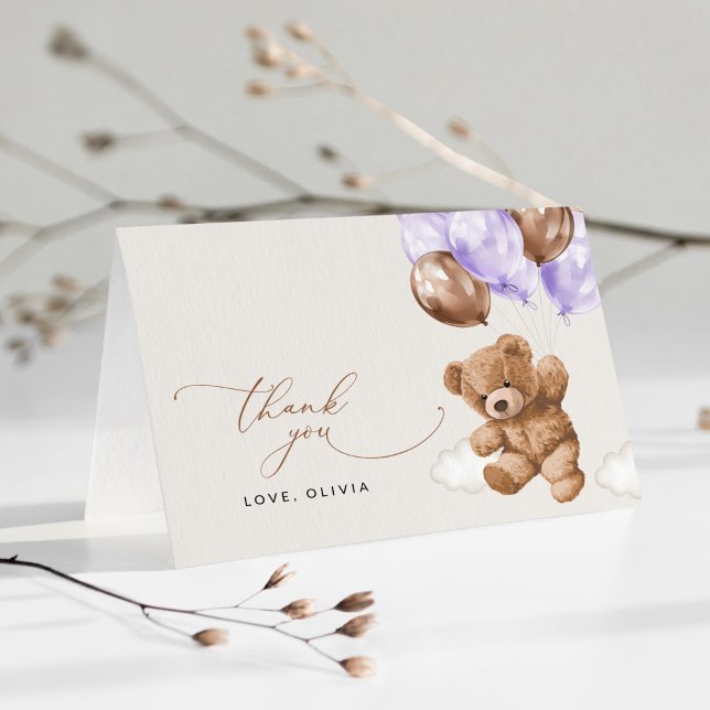 Carte De Remerciements ours en peluche, ours bébé, ballon violet, Baby sh (Créateur téléchargé)