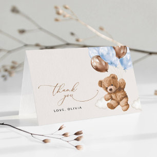 Carte De Remerciements ours en peluche, ours bébé, Ballons bleus, Baby sh
