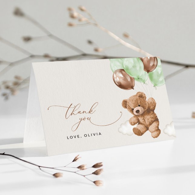 Carte De Remerciements ours en peluche, ours bébé, ballons verts, Baby sh (Créateur téléchargé)