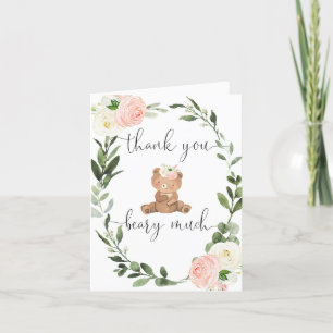 Carte De Remerciements Ours en peluche rose fleuri vert eucalyptus mignon