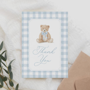 Carte De Remerciements Ours en Teddy à carreaux bleus Baby Shower