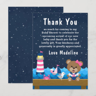 Carte De Remerciements Ours fille nautique rose et marine Baby Shower