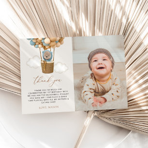 Carte De Remerciements Ours mignon, Ballons Bleus, Premier Anniversaire