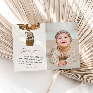 Carte De Remerciements Ours mignon, Ballons Brown, Premier anniversaire
