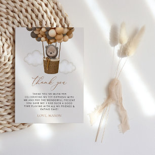 Carte De Remerciements Ours mignon, Ballons Brown, Premier anniversaire