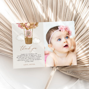 Carte De Remerciements Ours mignon, Ballons roses, Premier Anniversaire