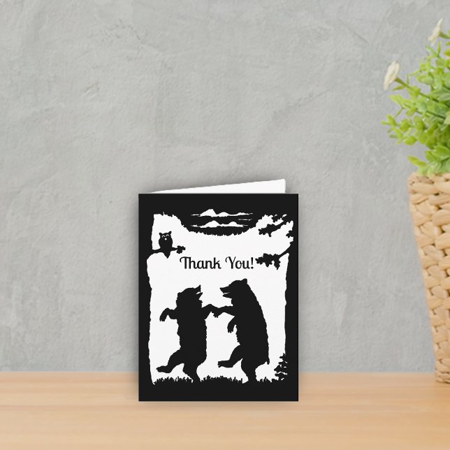 Carte De Remerciements Ours noirs dansant dans la Chouette des Bois dans  (Two dancing black bears in woods owl in tree on black and white Thank You card.)