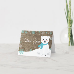 Carte De Remerciements Ours polaire d'hiver flocon de neige toile de jute