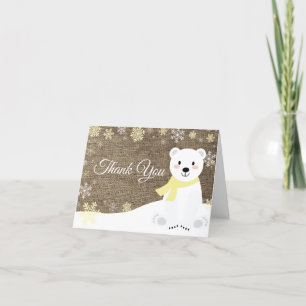 Carte De Remerciements Ours polaire d'hiver flocon jaune toile de jute