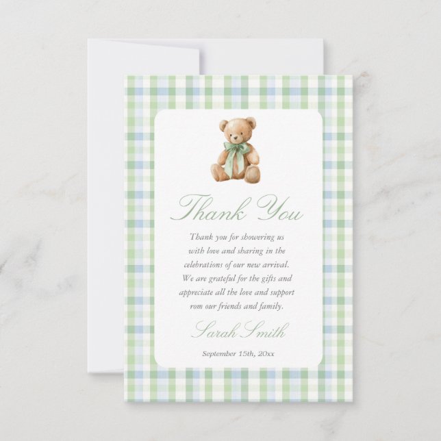 Carte De Remerciements Ours Préparé Fête de Naissance Garçon (Devant)