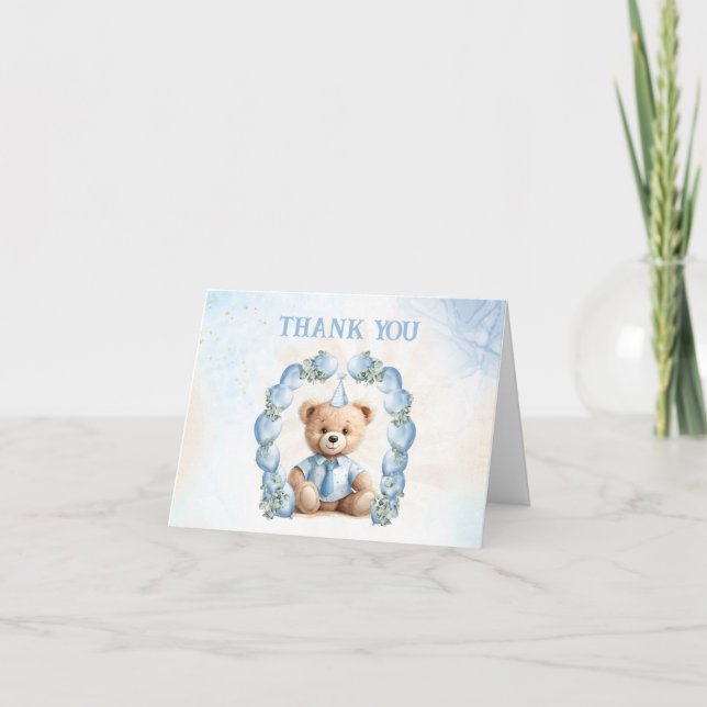 Carte De Remerciements Ourson 1er anniversaire Bleu Beige Ballons Teddy B (Devant)