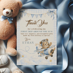 Carte De Remerciements Ourson avion premier anniversaire gingham bleu