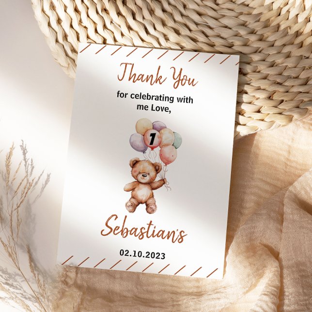 Carte De Remerciements Ourson Mignon 1er Anniversaire | Douce Ourse (Cute Teddy Bear 1st Birthday | Sweet Bear Thank You Card
)