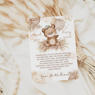 Carte De Remerciements Ourson Mignon Beige Pampas Baby Shower
