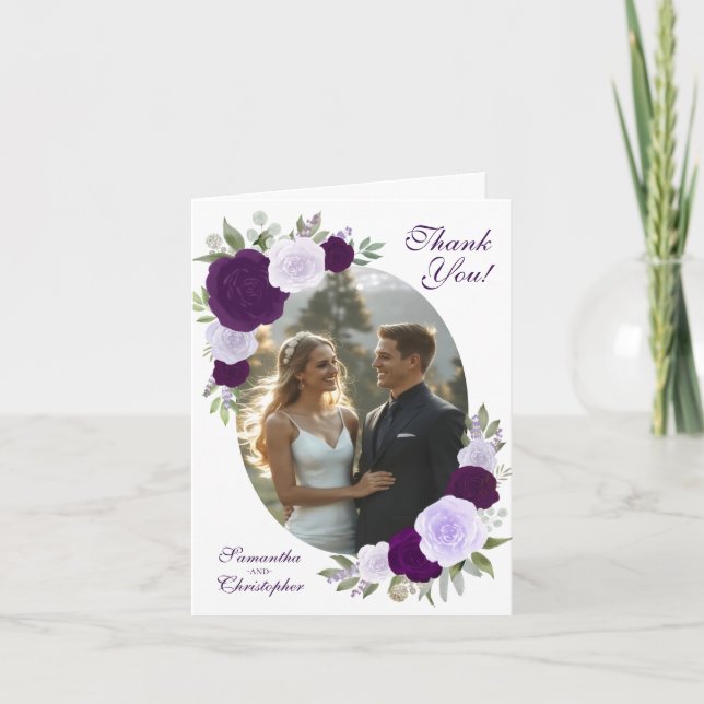 Carte De Remerciements Oval Photo Purple Boho Roses QR Code Mariage (Devant)