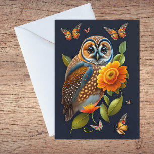 Carte De Remerciements Owl Orange Floral Butterfly Illustration
