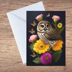 Carte De Remerciements Owl Yellow Pink Floral Butterfly Illustration