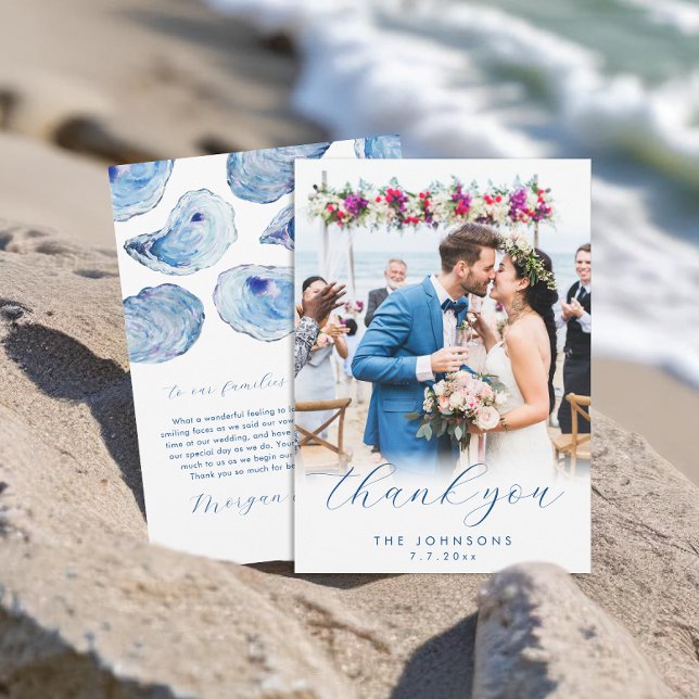 Carte De Remerciements Oyster Watercolor Beach Wedding Flat Photo (Oyster Wedding Thank You Cards with elegant blue watercolor illustration and photo. Concertina Press)