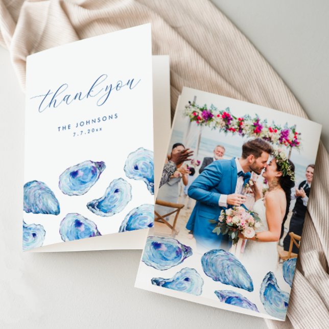 Carte De Remerciements Oyster Watercolor Beach Wedding Photo pliée (Blue Watercolor Oyster Folded Thank You Card with Wedding Photo and inside message. Concertina Press)