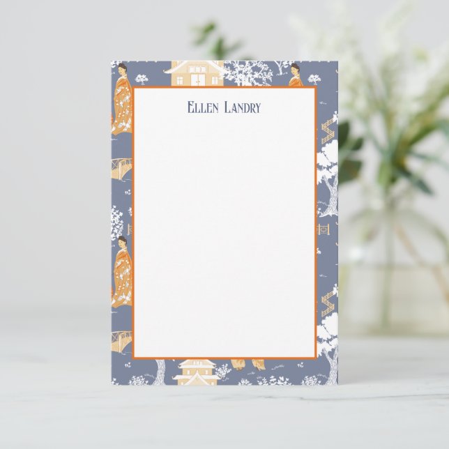 Carte De Remerciements Pagode de la Chinoiserie bleue et orange (Debout devant)