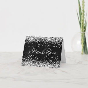 Carte De Remerciements Pailleté Argent Faux Paillettes Noir Feuille