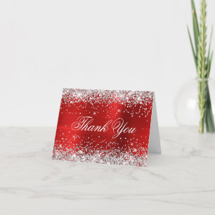 Carte De Remerciements Pailleté Argent Faux Paillettes Rouge Feuille