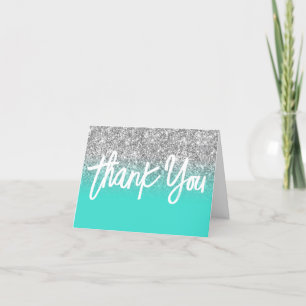 Carte De Remerciements Pailleté Argent Luxe Dégradé Turquoise
