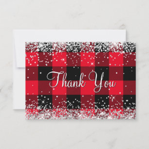 Carte De Remerciements Pailleté argent scintillant plaid rouge de Buffalo
