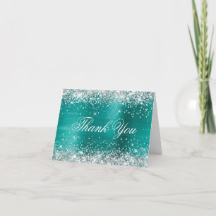 Carte De Remerciements Pailleté Argenté Faux Paillettes Aqua Bleu Turquoi