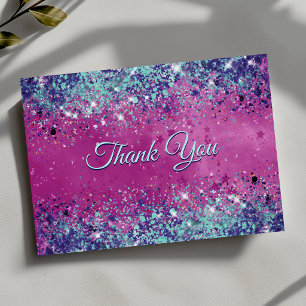 Carte De Remerciements Pailleté iridescent aqua rose chic