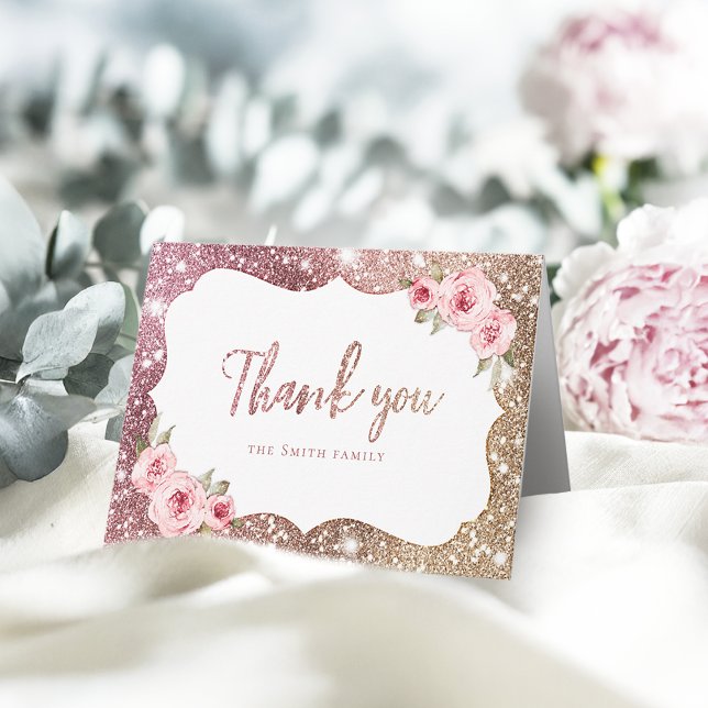 Carte De Remerciements Paillette de rose or brillant et remerciement flor (Sparkle rose gold glitter and floral thank you)