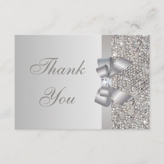 Carte De Remerciements Paillettes Argent, Nœud & Diamant Mariage Remercie