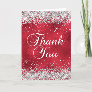 Carte De Remerciements Paillettes Argent Verre Rouge Feuille