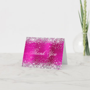 Carte De Remerciements Paillettes Argentées Faux Brillants Feuille Rose C