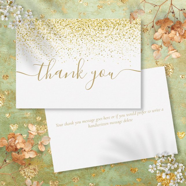 Carte De Remerciements Paillettes dorées scintillantes écriture élégante  (Gold Glitter Sparkles Modern Elegant Script Thank You Card)