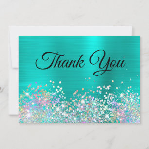 Carte De Remerciements Paillettes holographiques girly turquoise