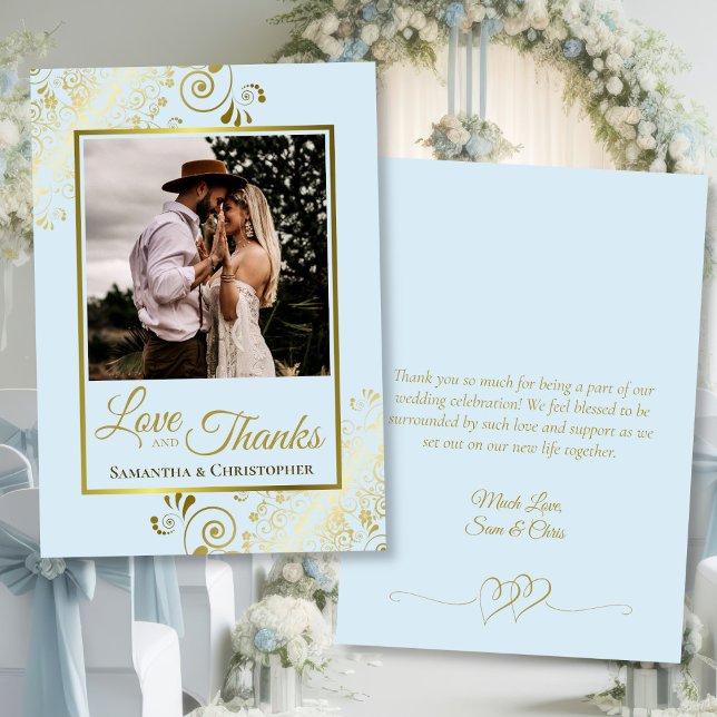 Carte De Remerciements Pale Blue & Gold Love Thanks Photo & Note Mariage (Front/Back)