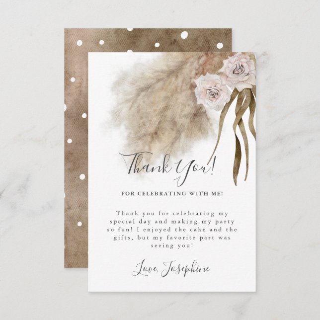 Carte De Remerciements Pampas de Bohême Grass Girl Anniversaire (Devant / Derrière)