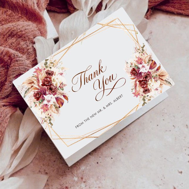 Carte De Remerciements Pampas Gold Geometric Burgundy Floral Wedding (Créateur téléchargé)