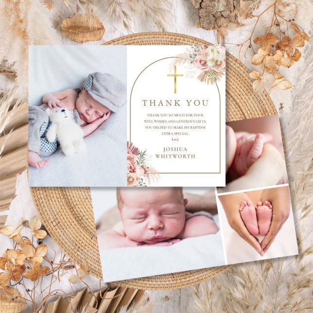 Carte De Remerciements Pampas Grass Floral Photo Collage Baptême (Pampas Grass Floral Photo Collage Baptism Thank You Card)