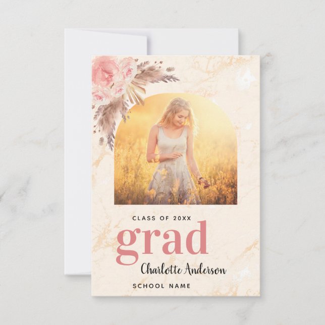Carte De Remerciements Pampas herbe blush marbre photo graduation (Devant)